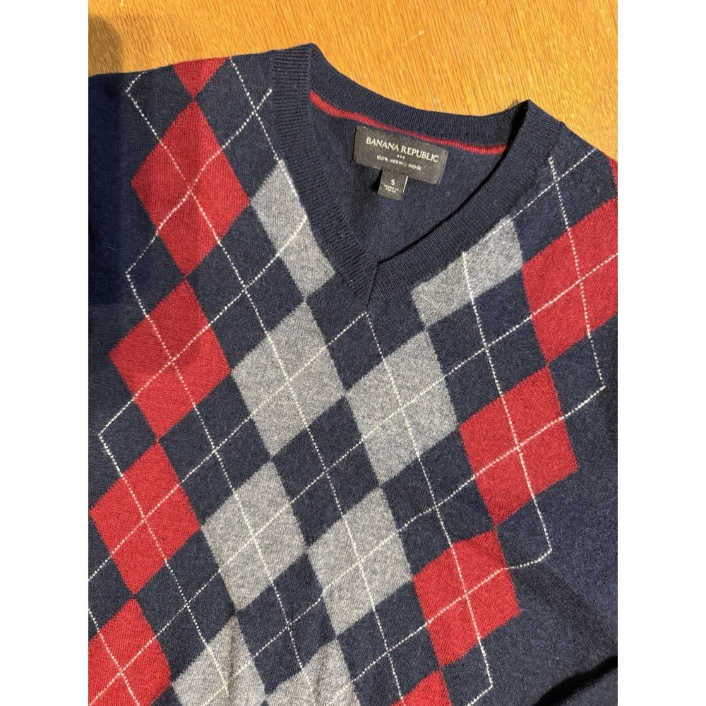 Banana Republic Merino Wool Argyle Sweater Mens S Slim V Neck‎ Preppy